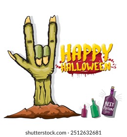 Happy halloween doodle design elements set isolated on white background. vector happy halloween greeting card with zombie hand. vector illustration