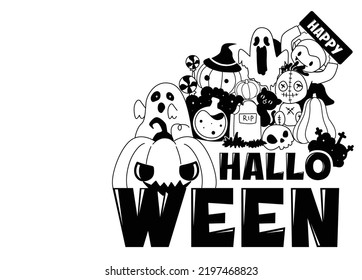 Happy Halloween doodle drawing cute monster, cartoon style