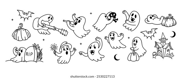 Happy Halloween doodle ghost set. Collection of Different cute spooky boo characters for sticker pack. Happy Halloween background with outline ghost, Pumpkin, tombstone, bat, house vector illustration