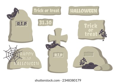 Happy Halloween. Doodle hand drawn tombstones with spider, cobweb, ground, text. Set of monuments, tombs of various form, size with old carved inscriptions. Vector flat illustration
