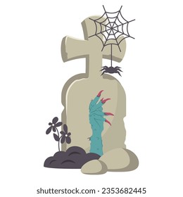 Happy Halloween. Doodle hand drawn old tombstone with monster hand, spider, carved. Creepy and scary zombie arm crawls out of ground. Vector flat illustration for decoration party, holiday, card