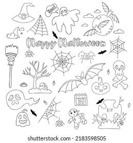 Happy Halloween doodle set  Jack pumpkin   skull and bones  ghost  bat   cobweb  grave   ritual magic voodoo doll  witch hat   broom  Vector isolated outline elements for decor   design 