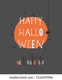 Happy Halloween: doodle vector illustration with cute little spider. For autumn greeting cards, t-shirt prints, scrapbook. Fashion baby print in orange, gray and black colors.