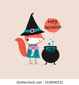 Happy Halloween: doodle vector illustration with cute squirell-witch. For halloween, autumn greeting cards, t-shirt prints, scrapbook. Fashion baby print in orange, gray and black colors.