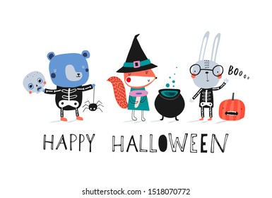 Happy Halloween: doodle vector illustration with cute animals. For halloween, autumn greeting cards, t-shirt prints, scrapbook. Fashion baby print in orange, gray and black colors.