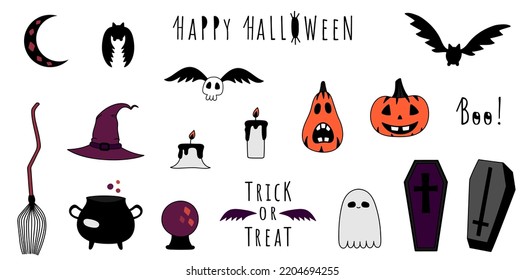 Happy halloween doodles isolated set. Hand drawn bats, pumpkins, ghost, skull, candles, coffins. Spooky vector illustration