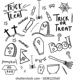 Happy Halloween doodles, roughly hand drawn, handmade collection of Halloween, holiday related icons on white background EPS Vector