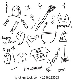 Happy Halloween doodles, roughly hand drawn, handmade collection of Halloween, holiday related icons on white background EPS Vector