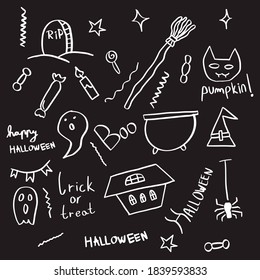 Happy Halloween doodles, roughly hand drawn, handmade collection of Halloween, holiday related icons EPS Vector