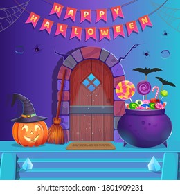 Happy Halloween. Halloween door with, pumpkin, cauldron, sweets, witch hat and broom. Background for games and mobile applications. Cartoon vector illustration.