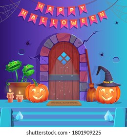 Happy Halloween. Halloween door with, pumpkins, candles, flycatcher, witch hat and broom. Background for games and mobile applications.Cartoon vector illustration.