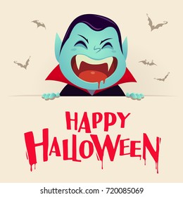 Happy Halloween. Dracula Vampire With Big Signboard. Retro Vintage.