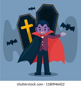 Happy Halloween. Dracula vampire wearing black and red cape with bat. Dracula character illustration, cute cartoon vector