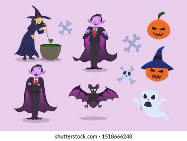 Happy halloween dracula and witch ilustration set pack