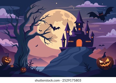 Feliz Dia das Bruxas! Um castelo com tema de Drácula paira ao fundo, com morcegos voando para o céu noturno