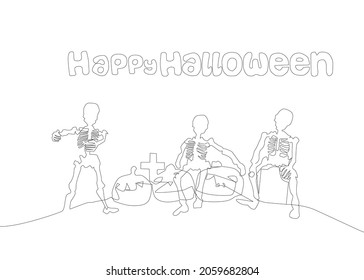 happy halloween drawing concept. skeleton, pumpkin, tombstone and inscription