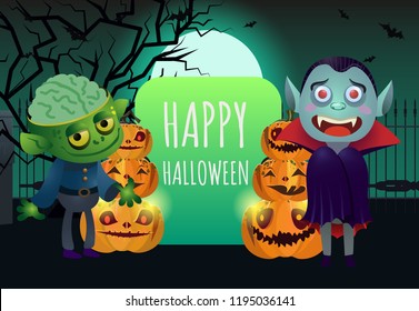 Happy Halloween drawn poster design. Creative lettering with zombie monster, vampire, angry pumpkins on dark background with tree and white moon. Can be used for invitations and leaflets. 