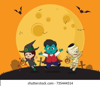 Happy halloween.Kid dress up Halloween party and jumping in the air.Vector and illustration.