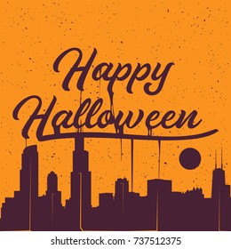 Happy Halloween dripping sign with city silhouette. Vector illustration.