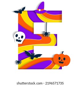 Happy Halloween E Alphabet Party Font Typography Character Cartoon Spooky Horror with colorful 3D Layer Paper Cutout Type design celebration vector Illustration Skull Pumpkin Bat Witch Hat Spider Web