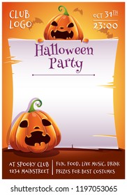 Happy Halloween editable poster with angry and scared pumpkins with parchment on orange background with bats. Happy Halloween party.