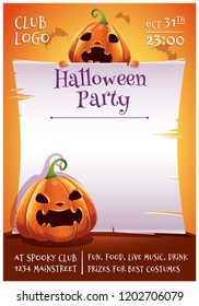 Happy Halloween editable poster with angry and scared pumpkins with parchment on orange background with bats. Happy Halloween party.