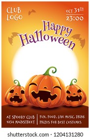 Happy Halloween editable poster with smiling, scared and angry pumpkins on orange background with full moon. Happy Halloween party.