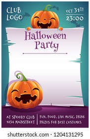 Happy Halloween editable poster with smiling and happy pumpkins with parchment on dark blue background with bats. Happy Halloween party.