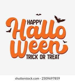 Happy Halloween editable vector text with bat silhouette isolated on white background. Trick or treat greeting card, poster, banner. Halloween logotype, sticker, label. October holiday celebration.