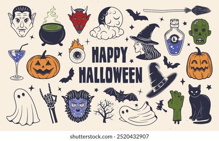 Happy Halloween element background. Vector Collection of spooky ghost, pumpkin, bat, cat, werewolf, zombie, devil, witch, cauldron, potion icons. Halloween elements for decoration, prints, typography.