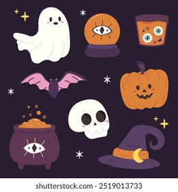 Happy Halloween element of ghost, pumpkins, bat, witch hat, eyeball, skull, cauldrons. 
