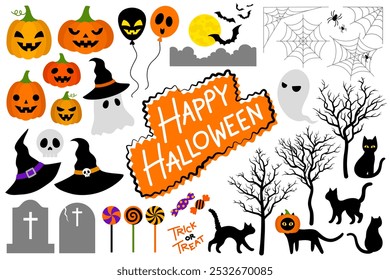 Happy Halloween elements for artwork design; pumpkin, ghost, cat, bat, spider web, grave, skull, witch hat, cloud, full moon, dead tree and candy.