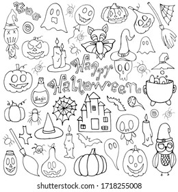 Happy Halloween.Set with elements for Halloween. Bat, Potion, pumpkins, dolls, balloon, candles, spider web, broom on a white background. Doodle style.  Printing on posters. Autumn set for Halloween. 