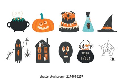 Happy Halloween. Halloween Elements Collection Such As Spiders, Ghost, Halloween Cake, Witch Cauldron, Holiday Halloween Candies, Skull, Witch Hat, Pumpkin, Witch Potion, Haunted House. Vector.