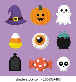 Happy halloween elements set isolated on purple background. vector illustration.
