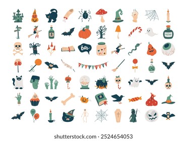 Happy halloween elements set. October holiday icons, design elements bundle. Cute ghost, pumpkin, bat, candy, cat, skull, spider, castle. Isolated vector illustration in cartoon style.