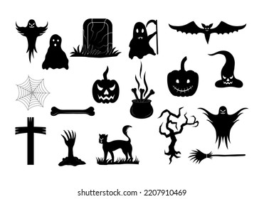 Happy halloween elements set vector silhouette collection design  