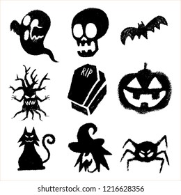 Happy Halloween Elements Trick or Treat Ghost Skull Bat Scary Tree Pumpkin Cat Witch Spider Coffin