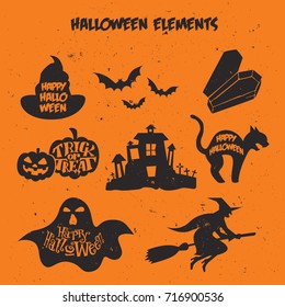 Happy Halloween Elements Trick or Treat Ghost Pumpkin Cat Graveyard Coffin Witch Bats