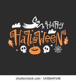 Happy Halloween-Emblem. Bannerkomposition, Poster, Grußkarte, Partyeinladung.