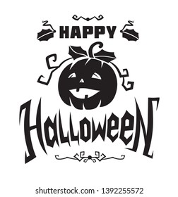 Happy Halloween emblem or logo badge hand drawn calligraphy. All Saints' Eve black vector lettering design for banners poster or t-shirt on a white background. Typographic symbol with Jack's lamp