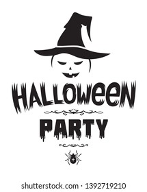 Happy Halloween emblem or logo badge hand drawn calligraphy. All Saints' Eve black vector lettering design for banners poster or t-shirt on a white background. Jack's lamp spider and witch's hat illus
