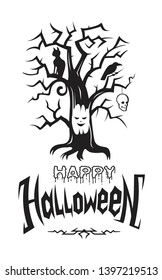 Happy Halloween emblem or logo badge font. All Saints' Eve black vector lettering design for banners poster or t-shirt on a white background. Scary tree cat skull and raven illustrations