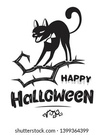 Happy Halloween emblem or logo badge font. All Saints' Eve black vector lettering design and illustration on a white background. Aggressive animal on a branch of a terrible tree