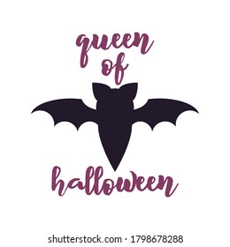 Happy Halloween emblem logo design. Holiday poster with bat and text - Queen of Halloween. Vector badge illustration.