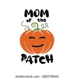 Happy Halloween emblem logo design. Holiday poster with pumpin and text - Mom of the patch. Vector halloween badge illustration isolated