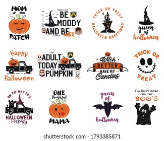 Happy Halloween emblems logo bundle. Holiday label designs collection with pumpin, witch, bat and texts. Cute decorations for halloween. Vector badges illustrations set