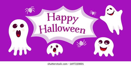 Happy halloween empty banner with different ghosts and spiders cartoon. Purple background Holiday spooky template, template blank. Ghostly fear background banner, backdrop. Vector design elements