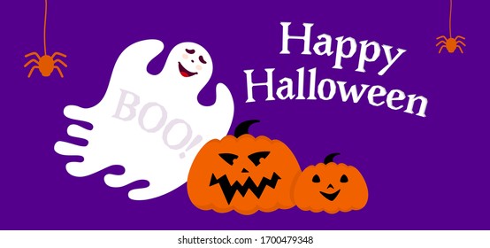 Happy halloween empty banner with ghost and pumpkin cartoon. Blue background Holiday spooky template, template blank. Ghostly fear background banner, backdrop. Vector design elements