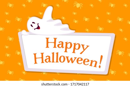 Happy halloween empty banner with ghost cartoon. Holiday spooky template, cover orange template blank. Ghostly fear background banner, backdrop of holiday. Vector design elements